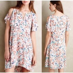 Anthro Maeve Womens Multicolor Cold Shoulder V Neck Spotted Shift Dress Sz Small